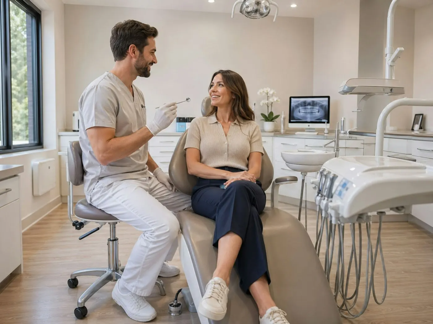 Dentist talking with a relaxed patient